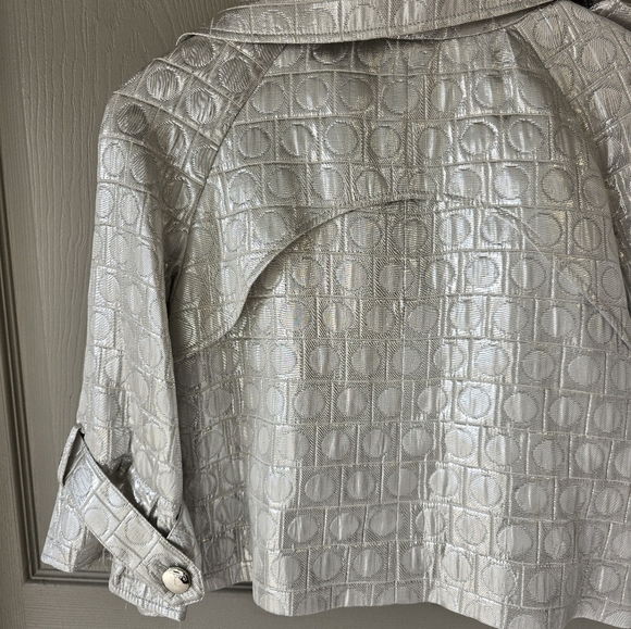 Cache Silver Jacket Women Sz M Shimmery Huge 3buttons Belted Sleveless Y2k Crop - Picture 14 of 16